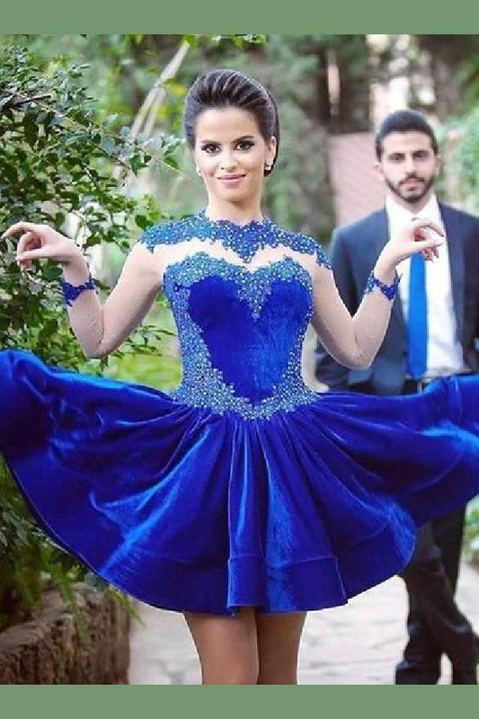 Jewel Long Sleeve A Line Homecoming Dresses Royal Blue Satin Estrella Beading Appliques Short