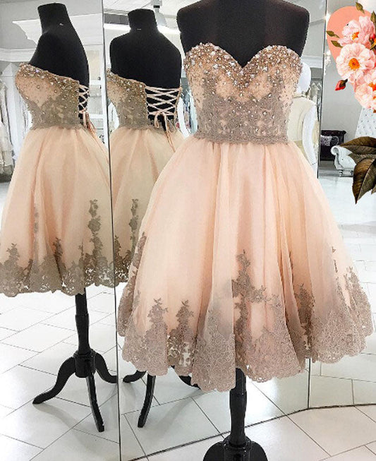 Strapless Sweetheart A Line Lace Zoey Homecoming Dresses Backless Appliques Rhinestone Pleated