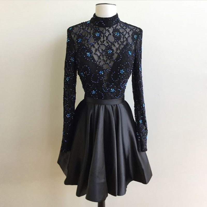 Beading Pleated Black Long Sleeve High A Line Victoria Homecoming Dresses Lace Satin Neck Short