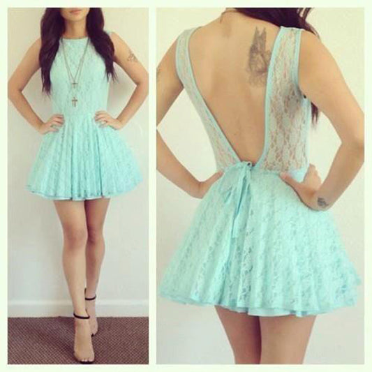 Backless Jewel Sleeveless Pleated Blue Lace A Line Homecoming Dresses Maisie Hollow Short