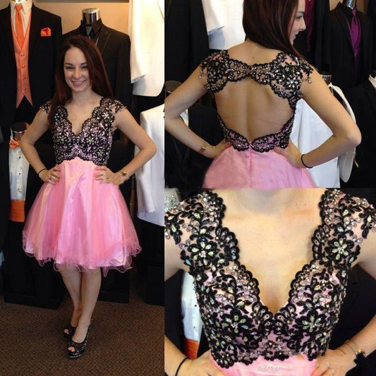 Cap Sleeve Pink Lace Mira Homecoming Dresses A Line V Neck Backless Appliques Rhinestone Organza