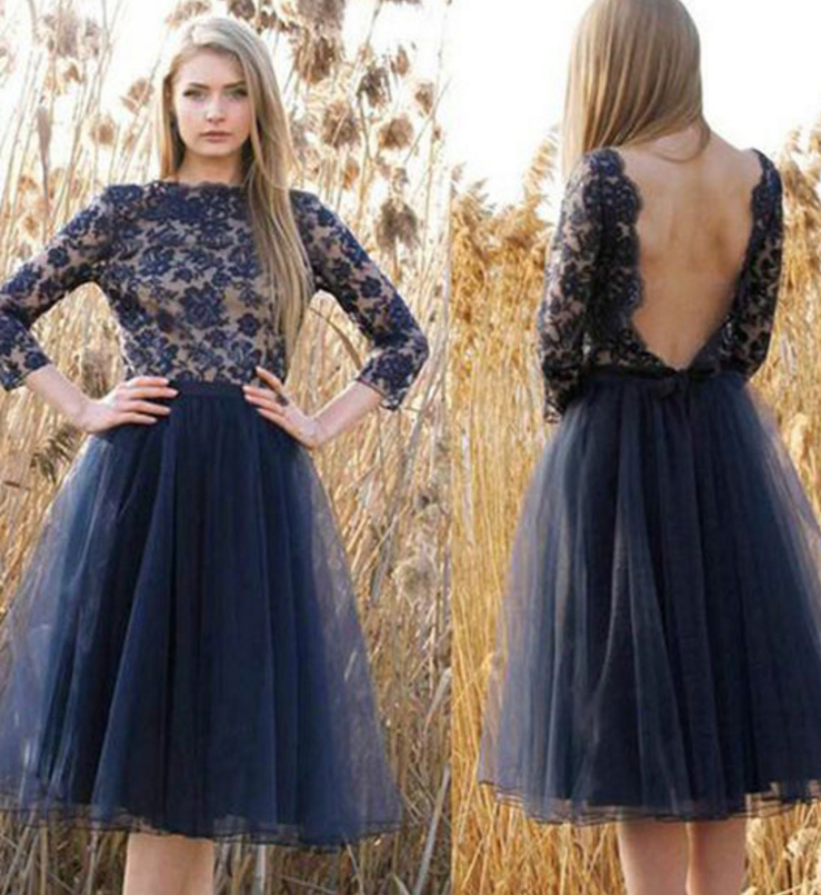 Jewel Long Homecoming Dresses Evie A Line Lace Sleeve Dark Navy Backless Flowers Tulle Pleated