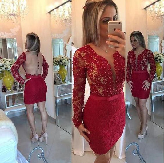 Long Sleeve Homecoming Dresses Marlene Lace Scoop Sheath Burgundy Sheer Back Beading Short