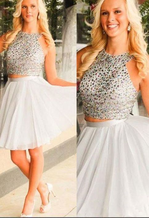 Halter Sleeveless Two Pieces Chiffon Skye Homecoming Dresses A Line White Beading