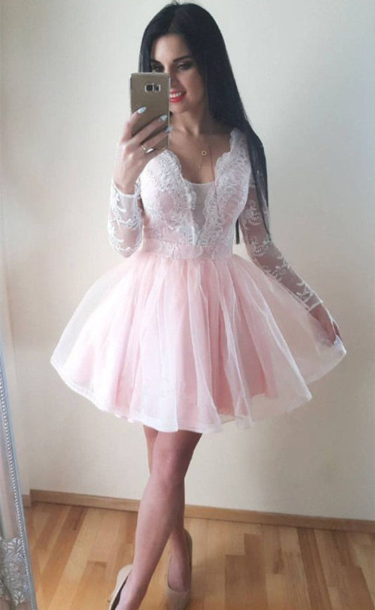 Long Sleeve Homecoming Dresses Selena Lace Pink Sheer Tulle Pleated Short Deep V Neck Exquisite