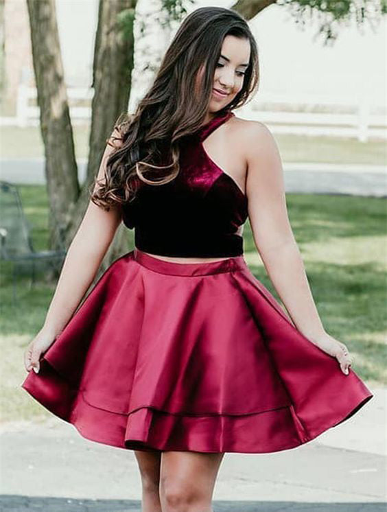 Halter Sleeveless Burgundy Homecoming Dresses Two Pieces Satin Eliza Pleated Short