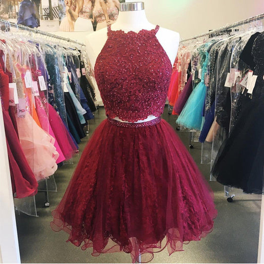 Burgundy Halter Sleeveless Appliques Kaelyn Lace Two Pieces A Line Homecoming Dresses Organza