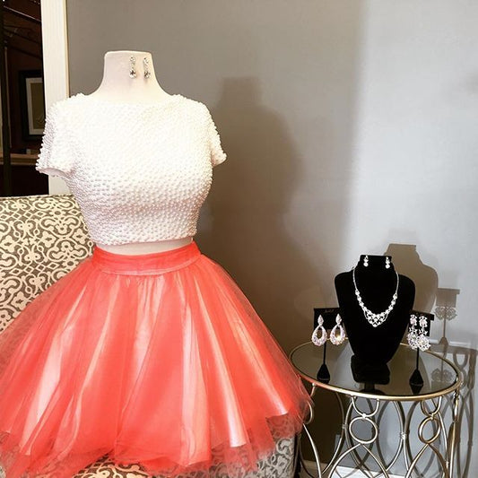 Beading Short Sleeve Tulle Two Pieces Homecoming Dresses Halle Backless Jewel Short