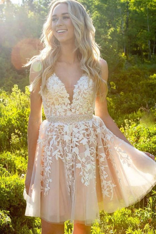 Spaghetti Homecoming Dresses Ginny A Line Ivory Lace Straps V Neck Appliques Tulle Beading Mini