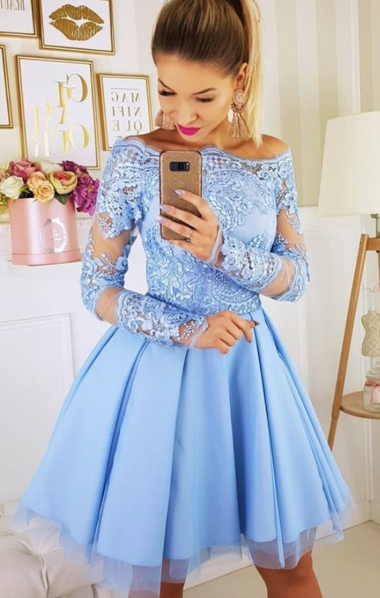 Long Sleeve A Line Homecoming Dresses Lace Charity Off The Shoulder Appliques Pleated Tulle Short