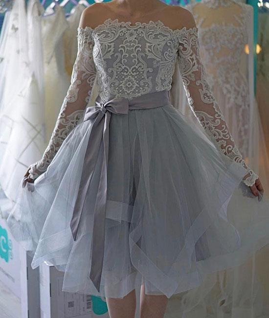 Lace Homecoming Dresses A Line Rosie Off The Shoulder Long Sleeve Organza Lavender Bowknot