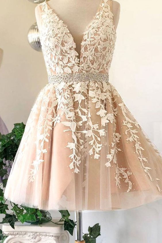 Deep V Neck Ivory Lace A Line Homecoming Dresses Micah Sleeveless Tulle Appliques Pleated