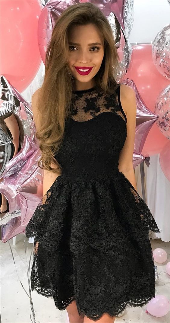 Lace Elaina A Line Homecoming Dresses Sheer Halter Sleeveless Tiered Black Flowers Short