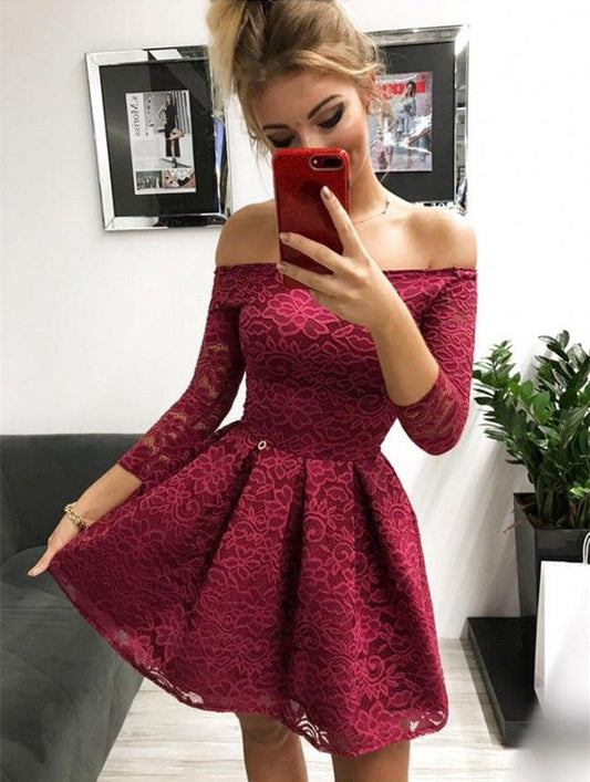 3/4 Lace A Line Brylee Homecoming Dresses Sleeve Off The Shoulder Pleated Short Burgundy Flowers