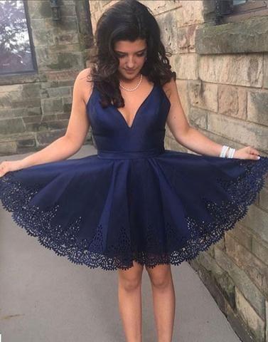 Sleeveless Deep V Homecoming Dresses Adeline Lace A Line Satin Neck Pleated Navy Blue Sexy