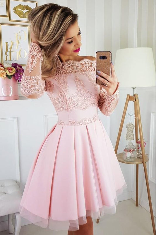 Off The Shoulder Appliques Long Sleeve Payton Homecoming Dresses A Line Pink Lace Tulle Short