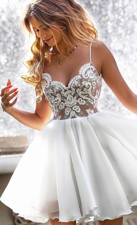 Spaghetti Straps White V Neck Appliques Lace Gwendoline A Line Chiffon Homecoming Dresses Short