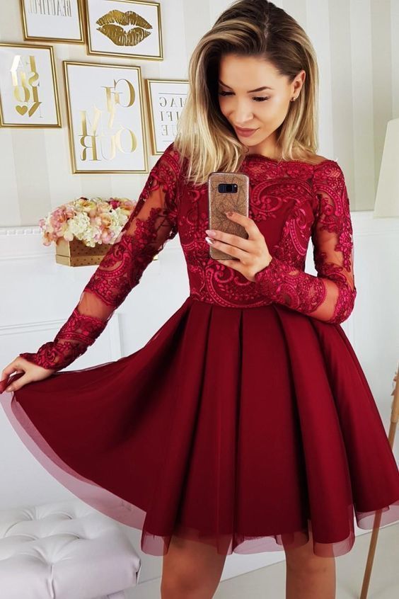 Burgundy Long Sleeve Bateau Appliques A Line Homecoming Dresses Makenzie Lace Tulle Pleated