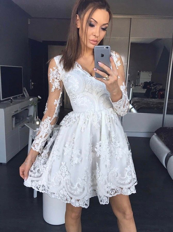 Long Homecoming Dresses Meredith A Line Lace Sleeve White Deep V Neck Pleated Sheer Short