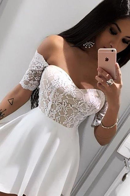 A Line Henrietta Ivory Homecoming Dresses Lace Satin Off The Shoulder Half Sleeve Short