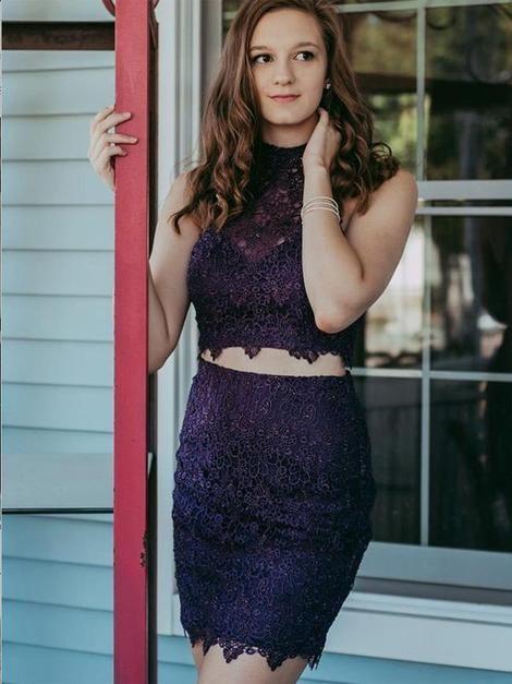 Halter Kamryn Lace Homecoming Dresses Two Pieces Sheath Short Sleeveless Flowers Purple