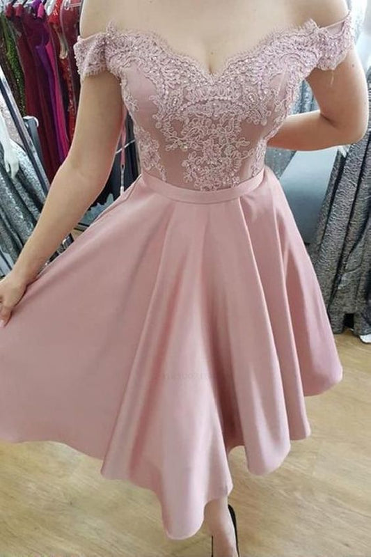 Dusty Rose Off The A Line Homecoming Dresses Satin Jade Lace Shoulder Pleated Short