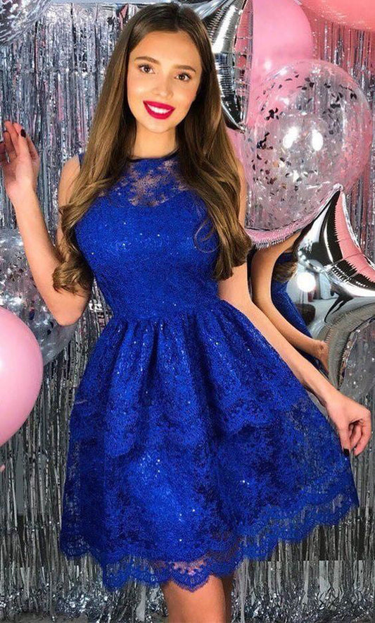 Jewel Sleeveless Pleated Elegant Sexy Royal Blue Homecoming Dresses Jaylah A Line Lace Short