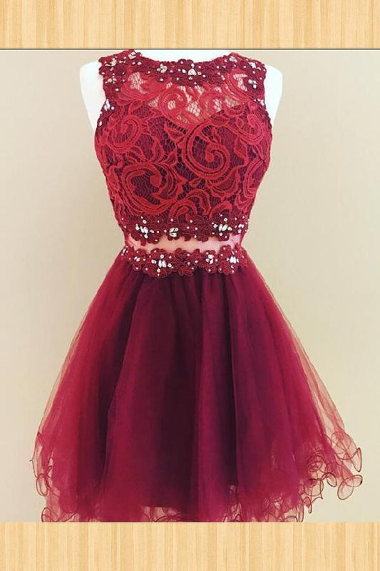 Short Sleeveless Homecoming Dresses Myla Lace A Line Jewel Flowers Organza Burgundy