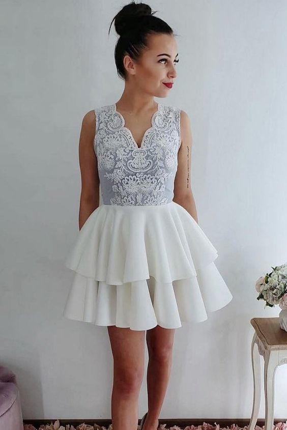 Ball Gown Tiered V Neck Satin Homecoming Dresses Lace Ivory Geraldine Sleeveless Flowers Short