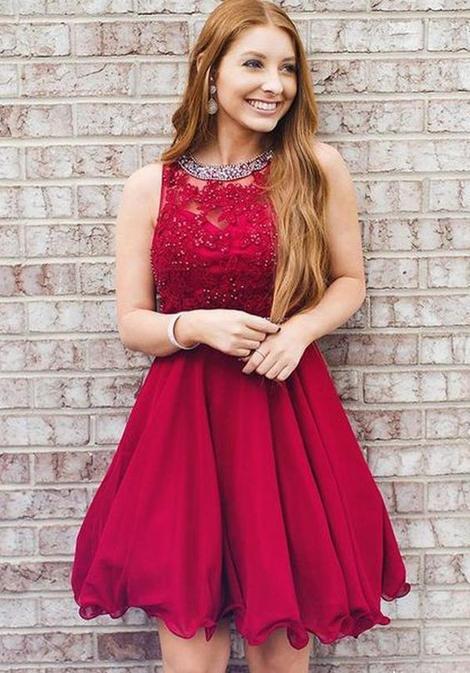 Halter Sleeveless Pleated Red Appliques Short A Line Caylee Homecoming Dresses Lace Organza