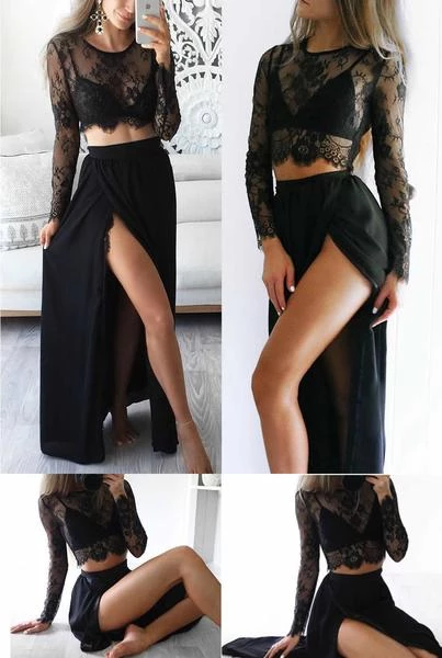 Black Long Sleeves Sexy Slit Two-piece Cheap A-line High Neck Lace Chiffon Prom Dresses