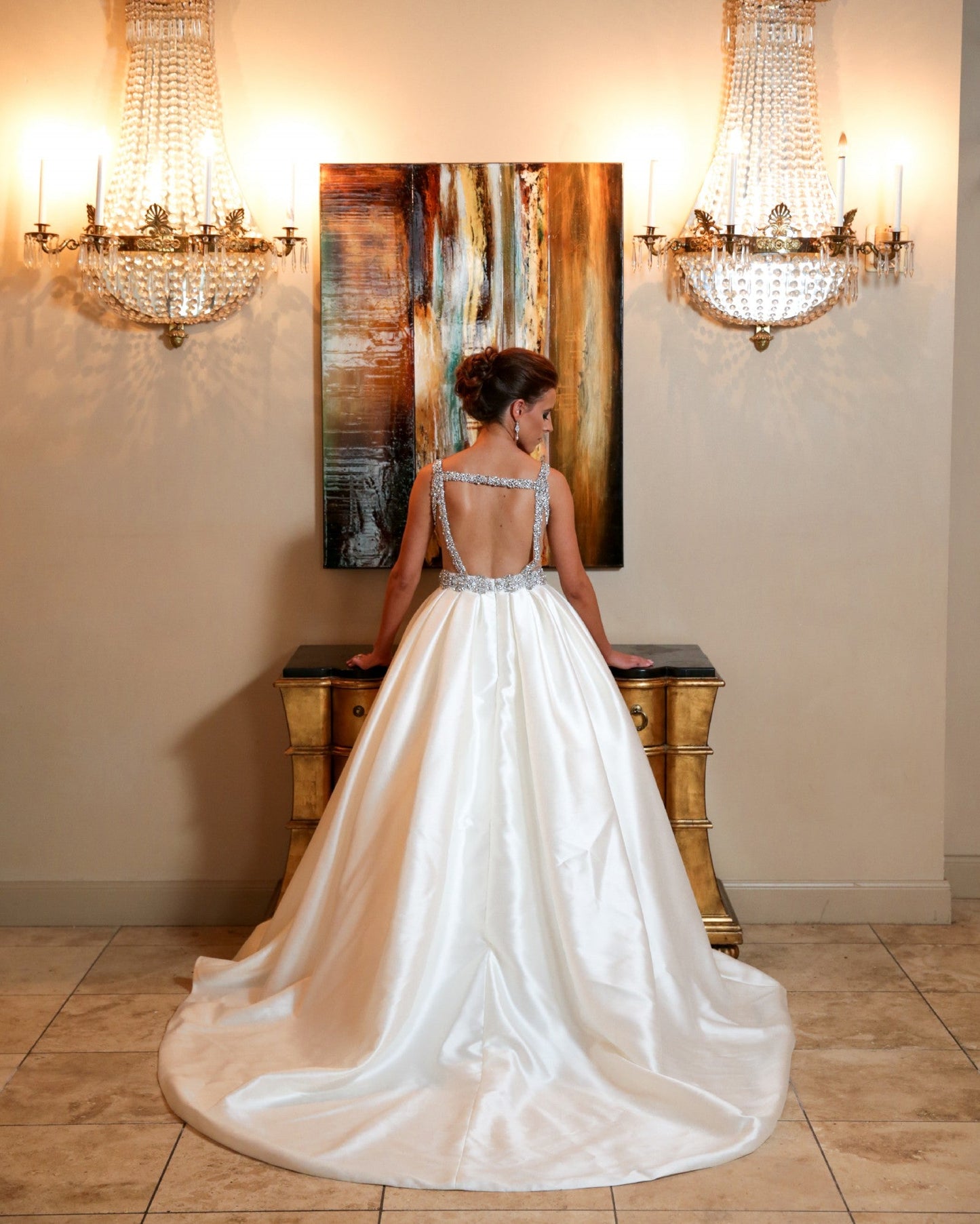 Deep V Neck Satin Backless A Line Beading Wedding Dresses