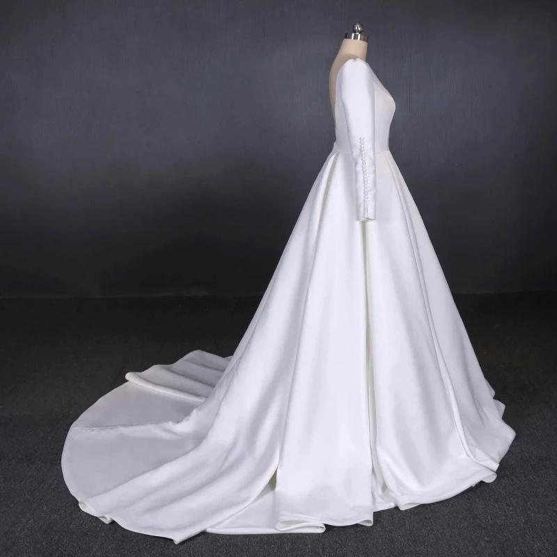 Ball Gown Long Sleeve White Satin Wedding Dresses, Long Simple Wedding Gowns SJS15060