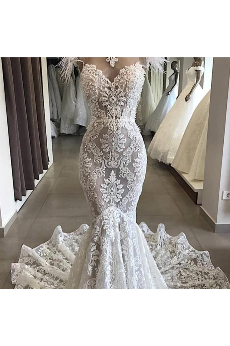 Luxury Lace Mermaid Wedding Dress With Train Sexy Open Back Pearls Wedding SJSPE5AS8YA