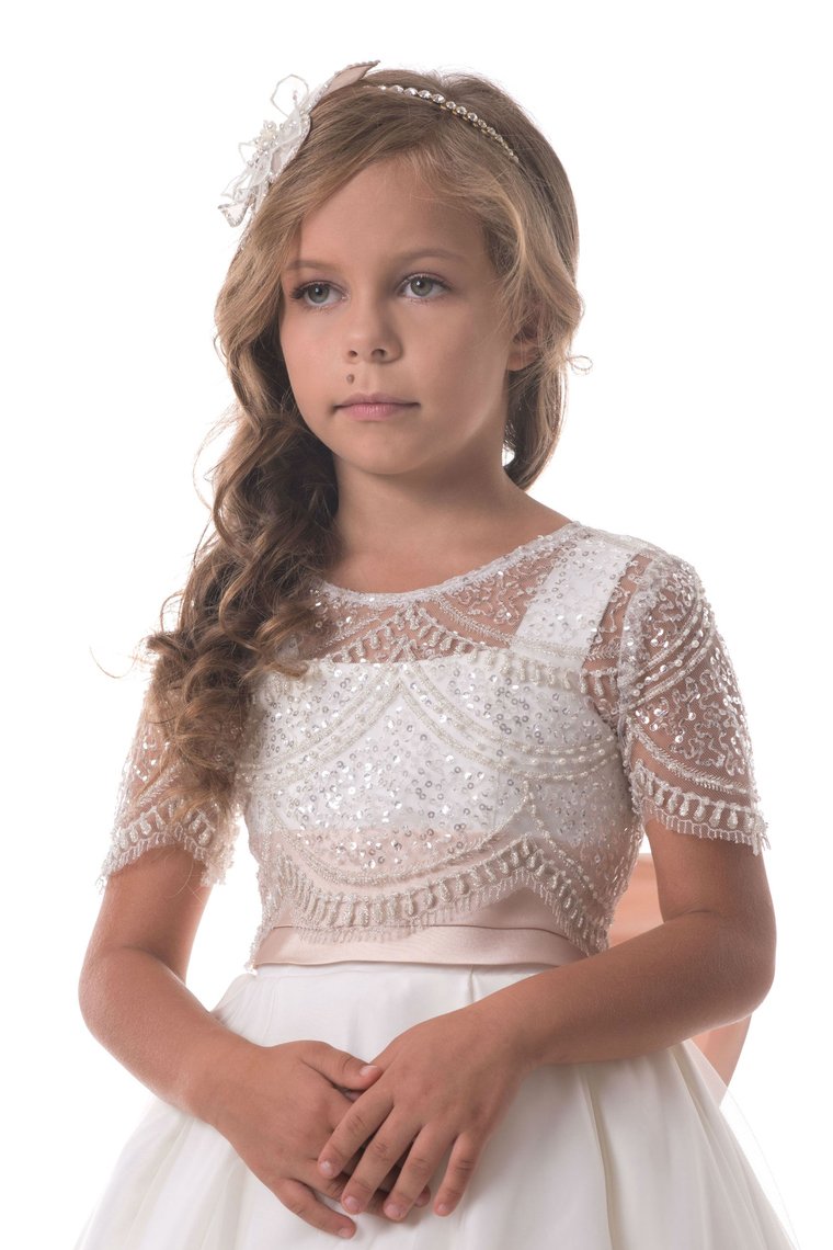 Flower Girl Dresses A Line Scoop Beaded Bodice Tulle With Applique