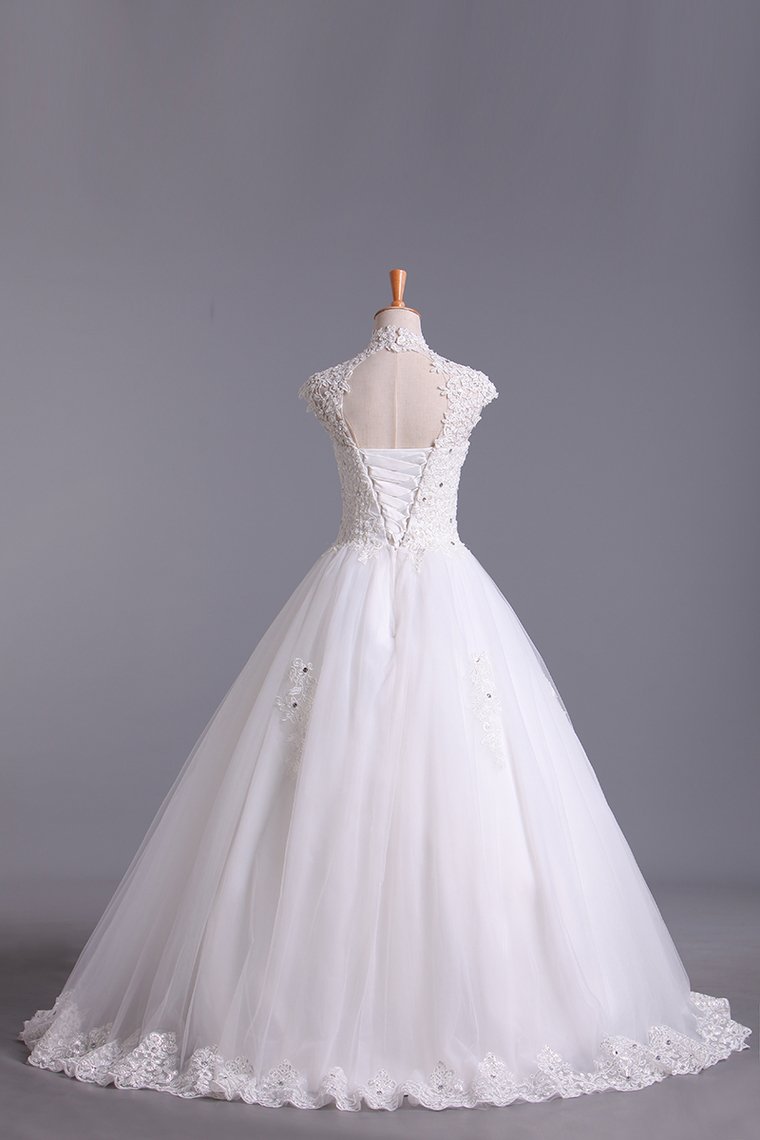 High Neck A Line Wedding Dresses Tulle With Applique & Beads