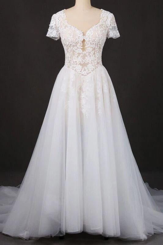 A-line Short Sleeves Beads V Neck Lace Applique Wedding Dresses, Bridal Dress SJS15051