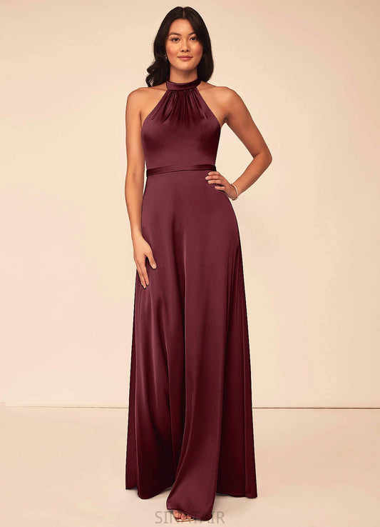 Keyla Sleeveless Spaghetti Staps Natural Waist Floor Length Satin Sheath/Column Bridesmaid Dresses