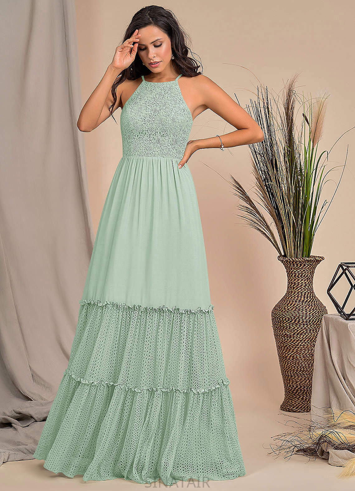 Mollie Natural Waist Spaghetti Staps Tea Length Sleeveless A-Line/Princess Bridesmaid Dresses