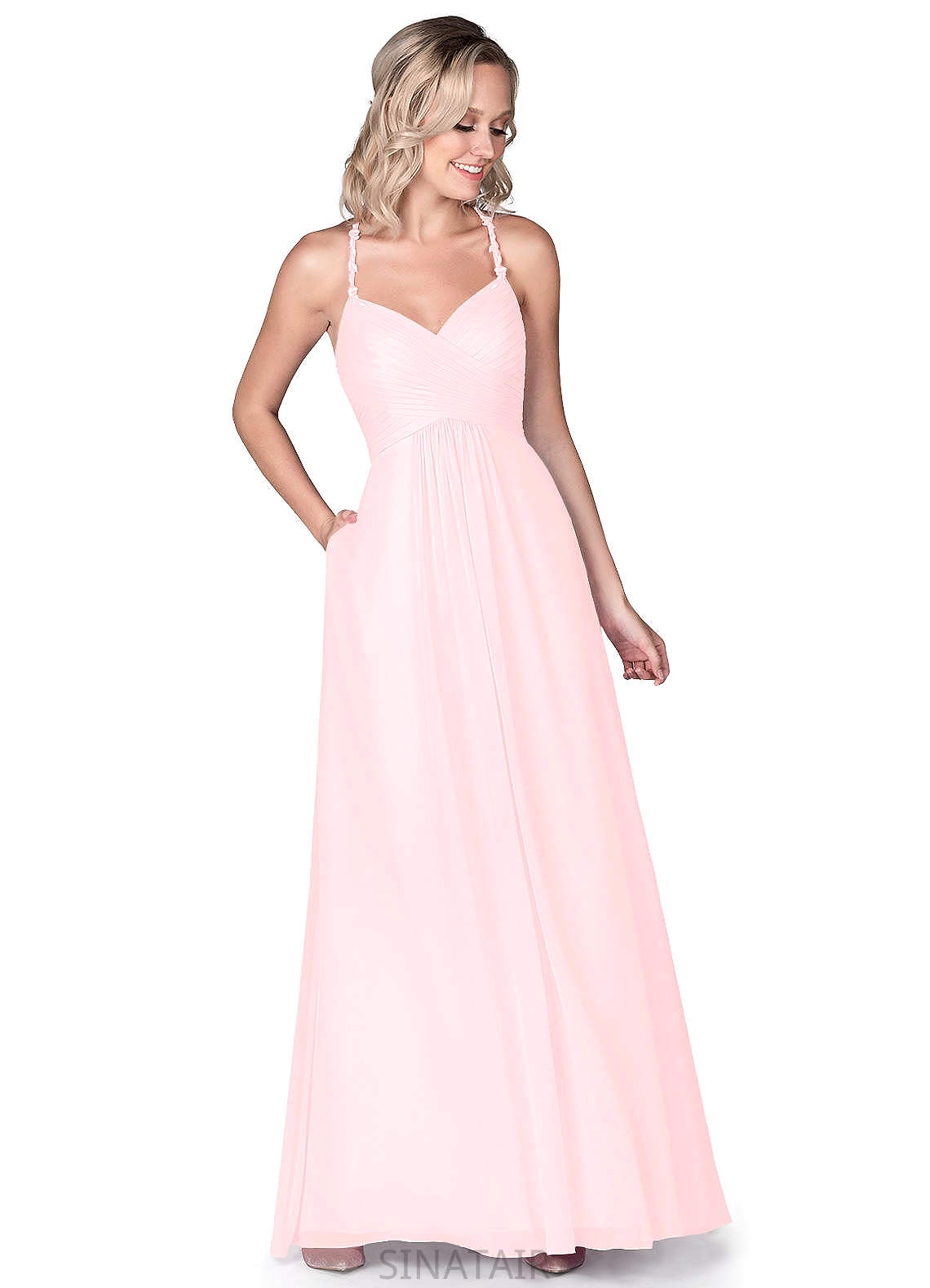 Finley V-Neck Natural Waist Tea Length Half Sleeves A-Line/Princess Bridesmaid Dresses