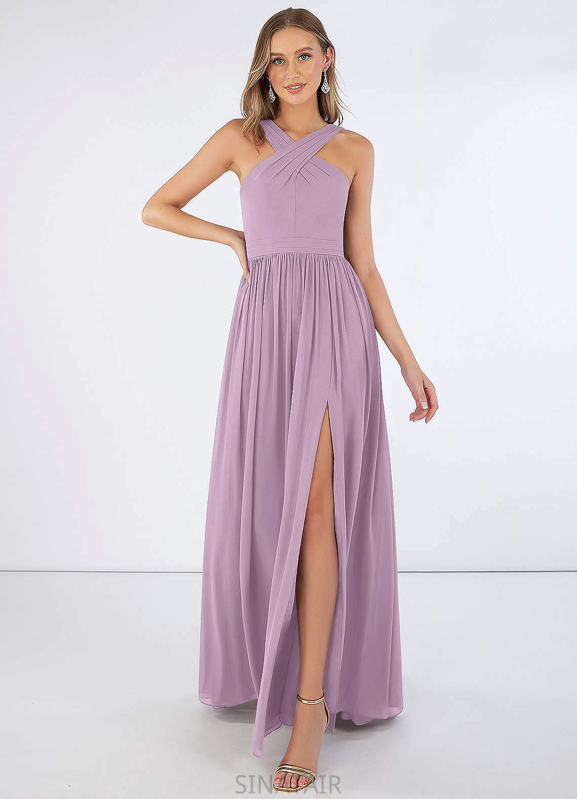 Delilah Natural Waist V-Neck A-Line/Princess Sleeveless Floor Length Bridesmaid Dresses