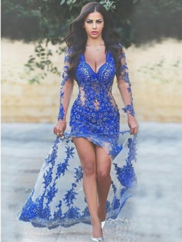 Royal Blue with Long Sleeves Lace Applique Sheer Split V-Neck Backless Sexy Prom Dresses