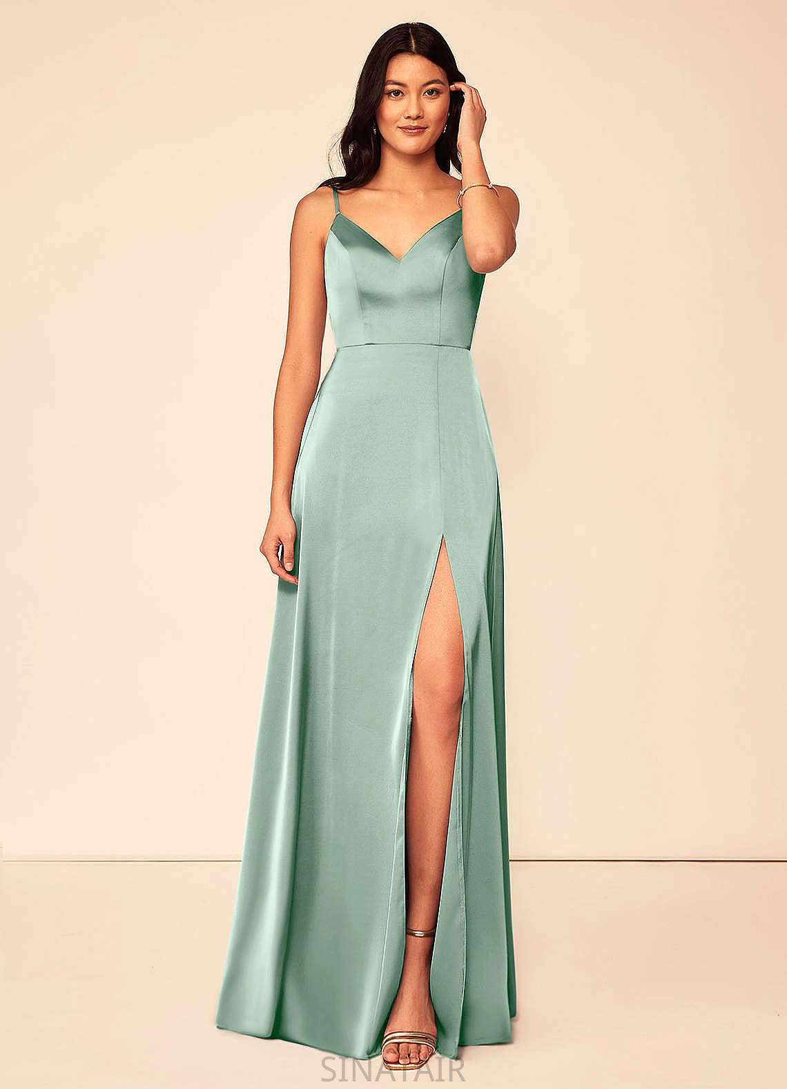 Shayla Sleeveless Floor Length Natural Waist Spaghetti Staps V-Neck Bridesmaid Dresses