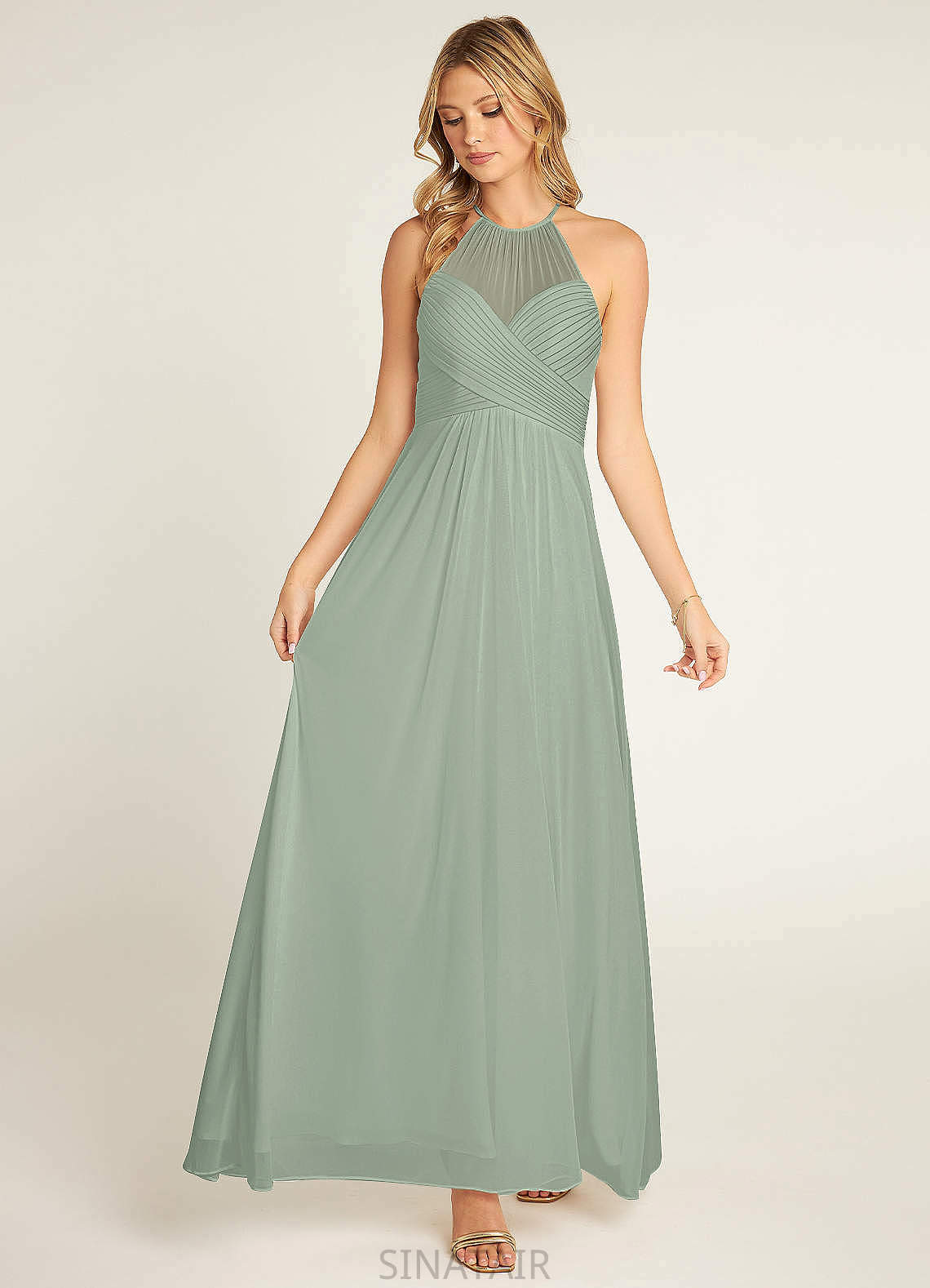 Regan Sleeveless Floor Length Stretch Satin Halter Natural Waist Sheath/Column Bridesmaid Dresses