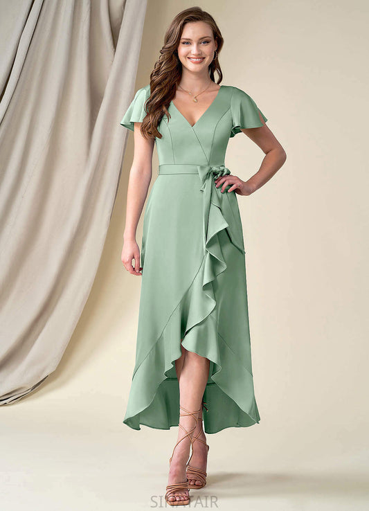 Emilie V-Neck Short Sleeves A-Line/Princess Floor Length Natural Waist Bridesmaid Dresses