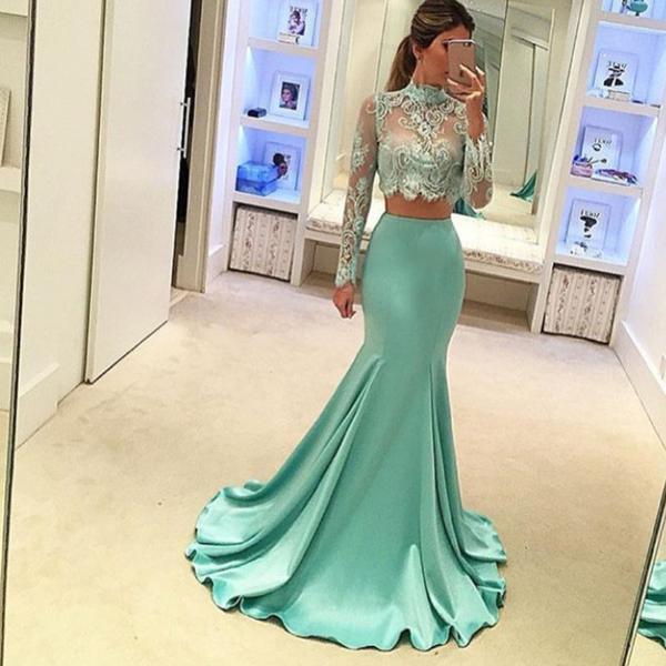 Pretty Two Pieces High Neck Long Sleeve Lace Prom Dress Sexy Mermaid Prom Dresses JS682