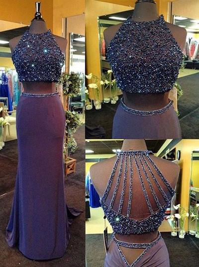 Two Piece Column Purple Sheath Crew Neck Sweep Train Beading Halter Formal Dresses JS51