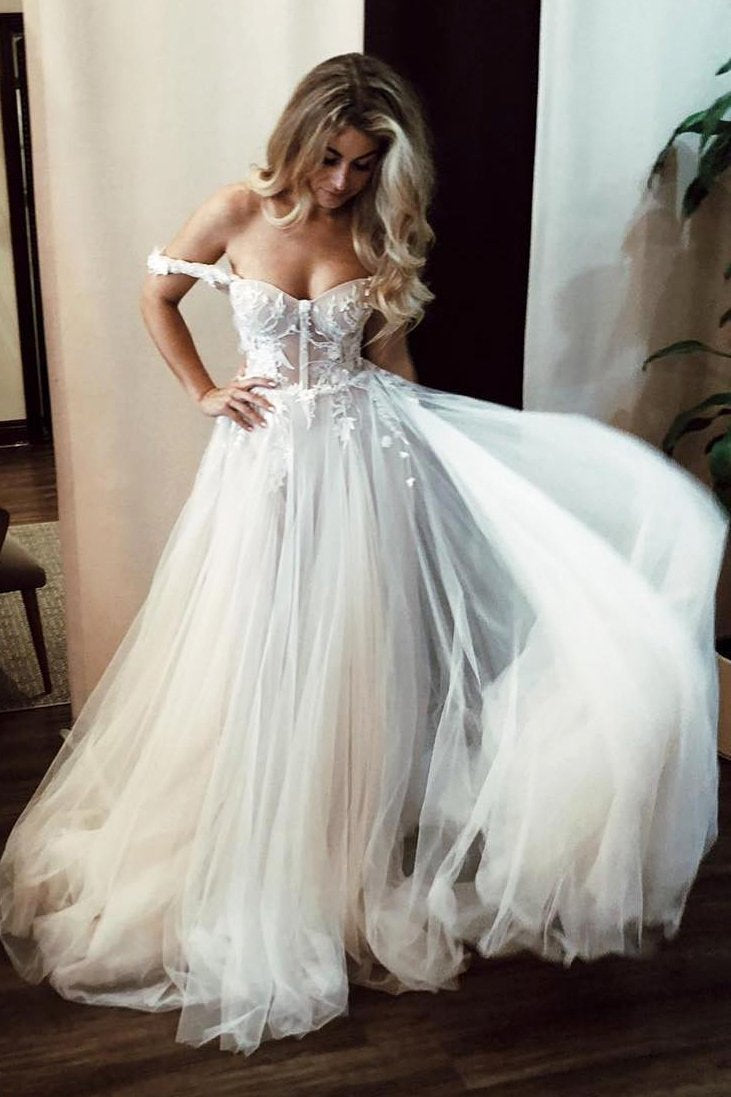 Unique Off the Shoulder Ivory Long Wedding Dress with Appliques, Sweetheart Wedding Gowns SJS15461