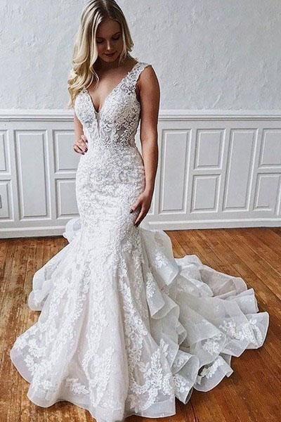 Stunning Mermaid Lace V Neck Backless Wedding Dresses Straps Wedding Gowns SJS15438