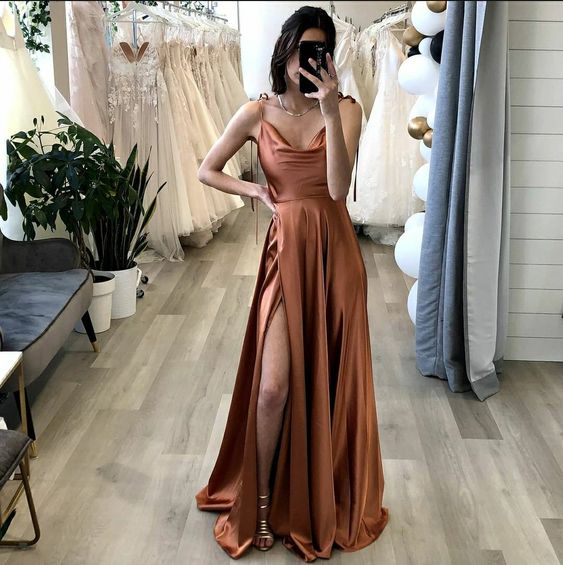 A Line Brown Simple Evening Party Dresses Long Prom Dresses With Slit